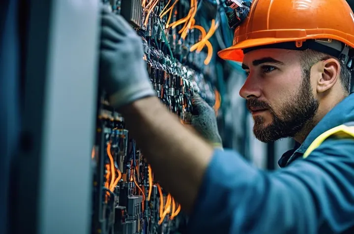 Electrician in a hard hat working on a wired panel