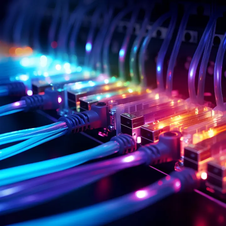 Bundles of glowing network cables plugged into a switch